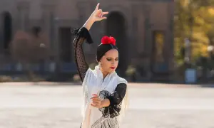 Bailaora de flamenco, con mantón y flor roja, capturando la esencia de la cultura del flamenco 3 eso.