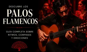 Hombre tocando guitarra flamenca, con público aplaudiendo al fondo. Guía completa sobre ritmos, compases y emociones del estilo flamenco.