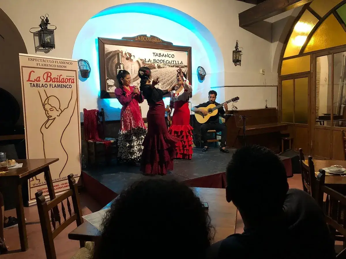 Espect&aacute;culo de flamenco andaluz en La Bodeguilla. Bailarinas con trajes vibrantes y guitarrista crean una atm&oacute;sfera m&aacute;gica.