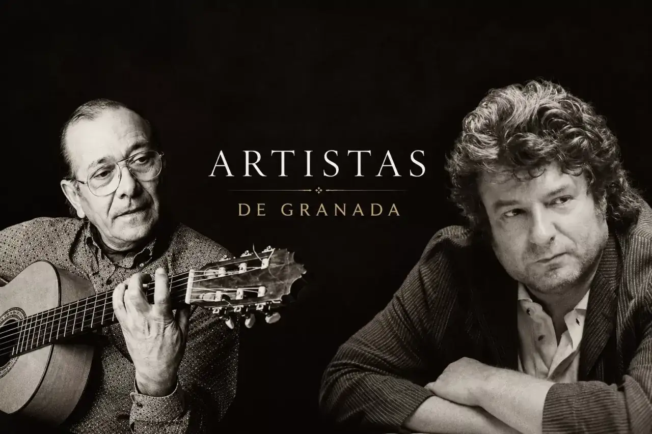 Dos artistas de Granada, uno tocando la guitarra, evocan el alma del flamenco y el esp&iacute;ritu del morente pueblo.