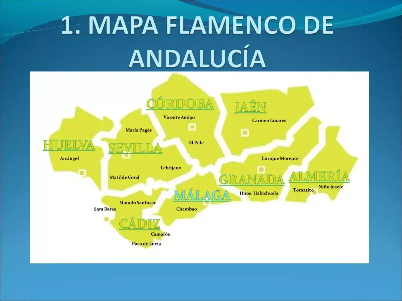 Mapa flamenco de Andaluc&iacute;a con palos del flamenco por provincias. Muestra artistas como Camar&oacute;n en C&aacute;diz y Paco de Luc&iacute;a.