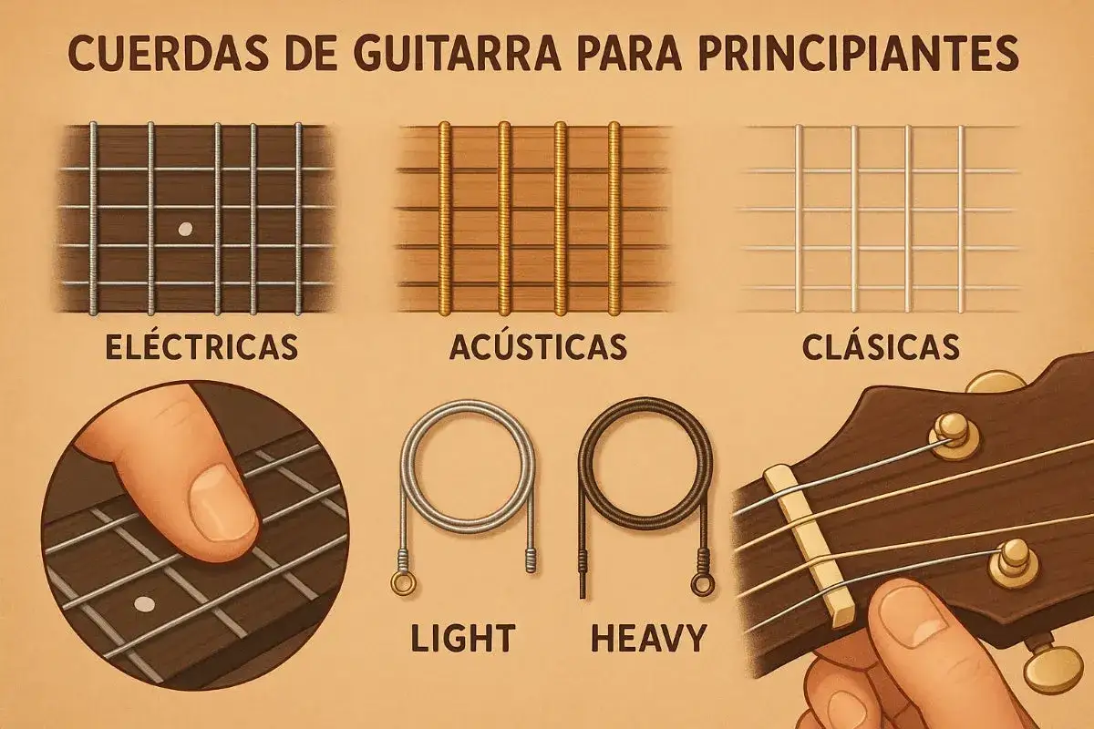 Ilustraci&oacute;n comparativa de las cuerdas de guitarra: el&eacute;ctricas, ac&uacute;sticas y cl&aacute;sicas. Se muestran tambi&eacute;n cuerdas 