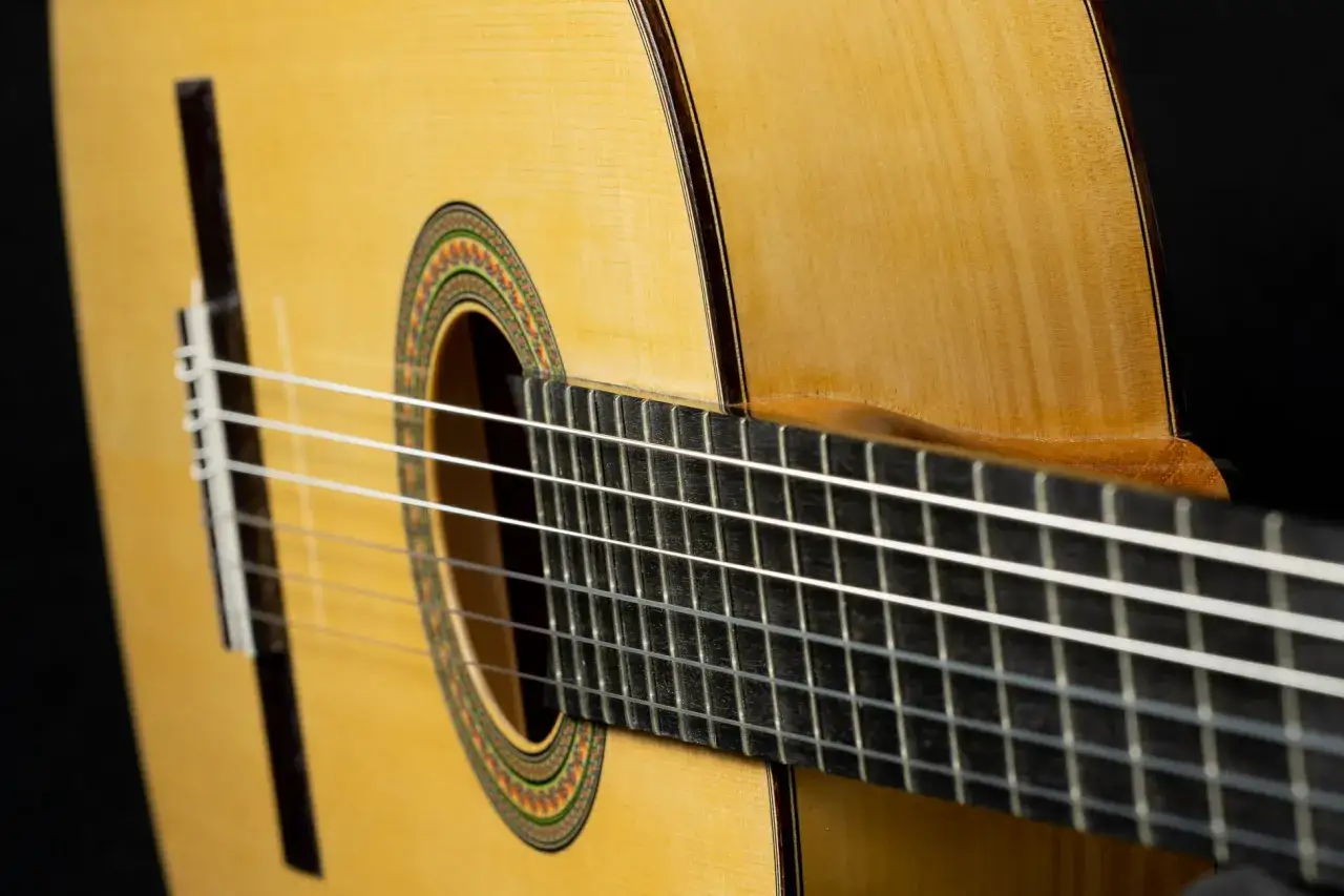 Detalle de guitarra flamenca, mostrando la altura de las cuerdas sobre el diapas&oacute;n y la roseta.