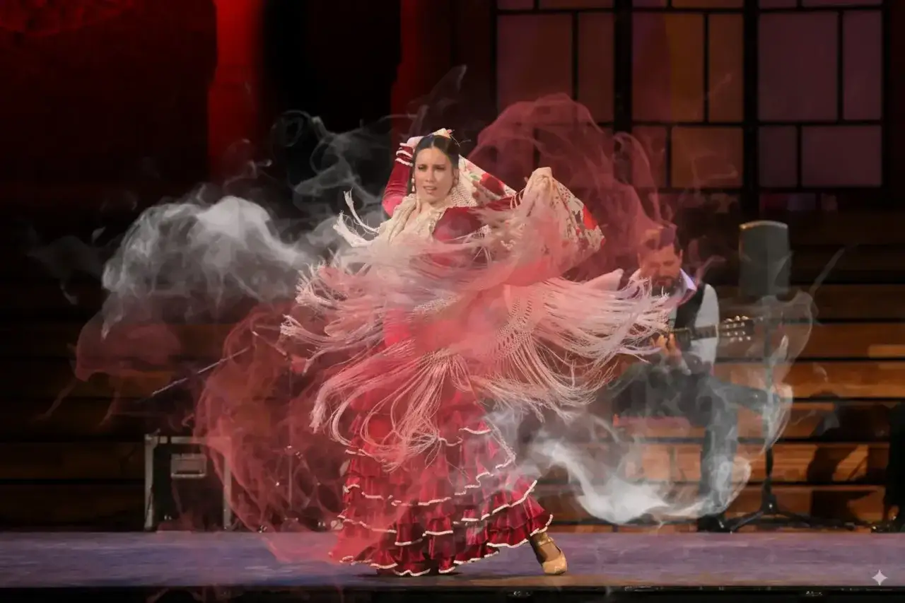 Bailarina de flamenco con vestido rojo y mant&oacute;n, envuelta en humo, mientras un guitarrista toca. La contrahecha de la pasi&oacute;n en el escenario.