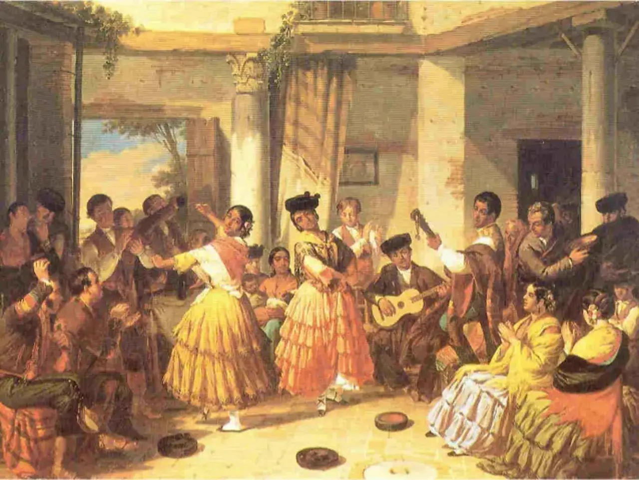 Escena de baile flamenco con dos mujeres bailando, m&uacute;sicos y p&uacute;blico. Se aprecian las distintas etapas del flamenco en la pasi&oacute;n y el arte.