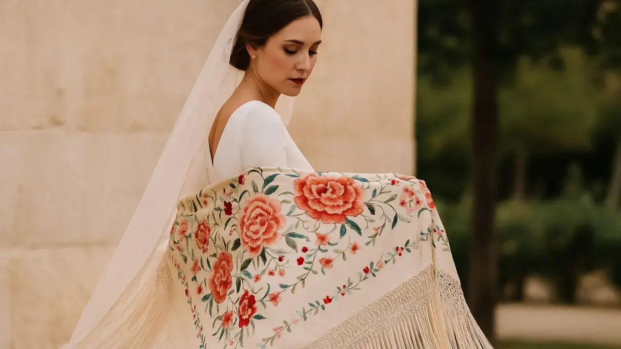 Novia con mant&oacute;n floral bordado, mostrando elegantes formas de poner un mant&oacute;n.