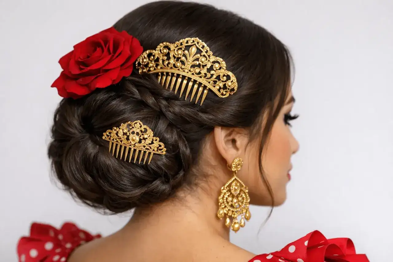 Peinado recogido para la feria con rosa roja y peinetas doradas.