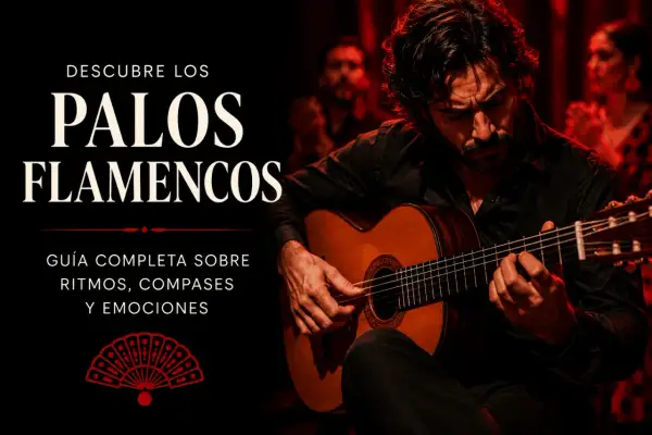 Un guitarrista flamenco interpreta apasionadas canciones flamencas de amor, acompañado por palmas y un abanico rojo.
