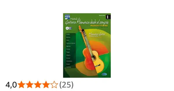 Método de guitarra flamenca, con una caña palo flamenco en primer plano. Incluye CD y lista de estilos.