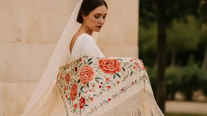 Novia con velo y mantón bordado con flores, mostrando elegantes formas de poner un mantón.